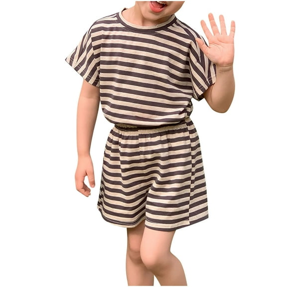Cethrio Kids Girls' Shorts Sets, Short Sleeve Stripe Loose Outfit Sets Brown Size 2-3 T