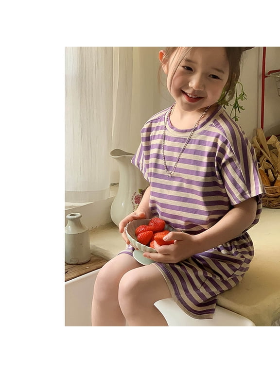 Kids Girls' Shorts Sets, Short Sleeve Stripe Loose Outfit Sets Purple Size 7-8 T