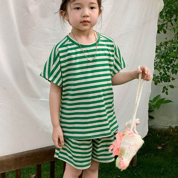 Cethrio Kids Girls' Shorts Sets, Stripe Loose Short Sleeve Outfit Sets Green Size 6-7 T