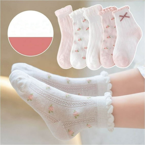 Cethrio Kids Girls Socks, Cotton Printed 5-Pack Ruffle Ankle Socks White Size 6-8 T