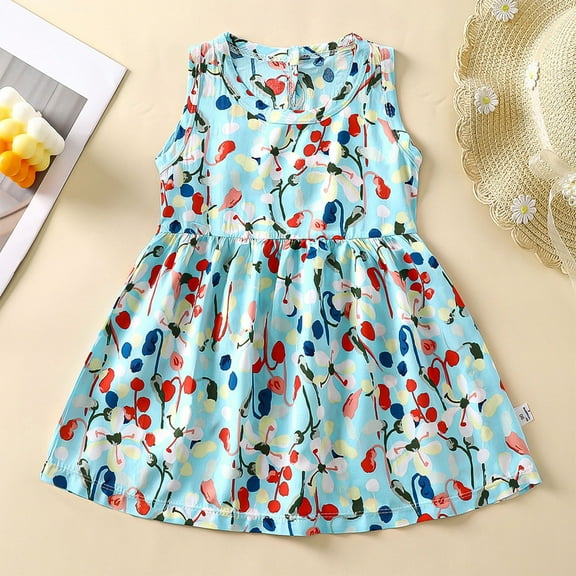 Cethrio Kids Girls Summer Dresses, Casual Sleeveless Printed Cotton Princess Dresses Blue Size 4-5 T