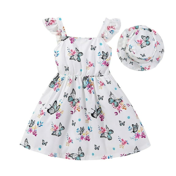 Cethrio Kids Girls Summer Dresses 2025, Cute Sleeveless Printed Cotton Dresses with Hats Black Size 18-24Months