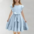 thumbnail image 1 of Cethrio Kids Girls Summer Dresses, Pleated Birthday Flutter Sleeve Casual Dresses with Belt Light Blue Size 5-6T, 1 of 8