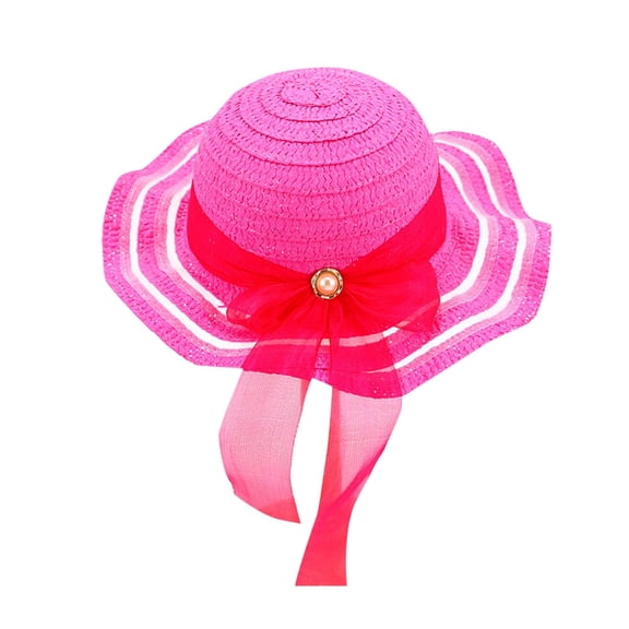 Cethrio Kids Girls Summer Hats, Holiday Summer Wide Brim Straw Hats Sun Hats Hot Pink Size 3-7 T