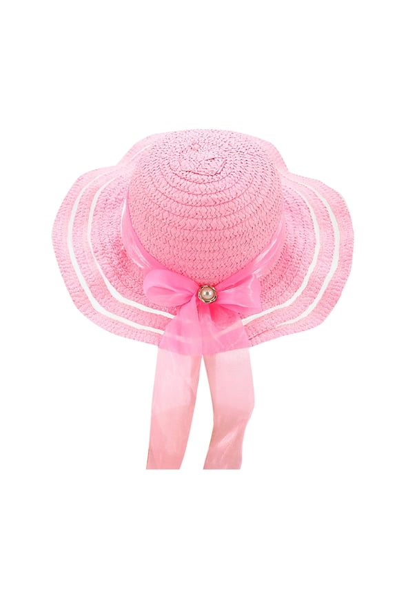 Kids Girls Summer Hats, Wide Brim Summer Holiday Straw Hats Sun Hats Pink Size 3-7 T