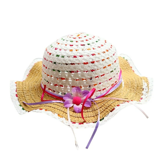 Cethrio Kids Girls Summer Hats, Wide Brim Summer Outdoor Straw Hats Sun Hats Coffee Size 3-7 T