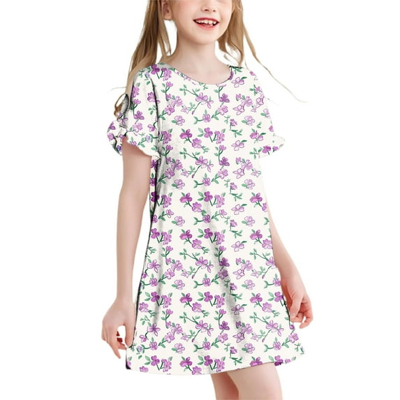 Cethrio Kids Girls' Summer Nightgowns, Short Sleeve Printed Comfy Ruffled Sleep Dresses Multicolor Size 3-4 T