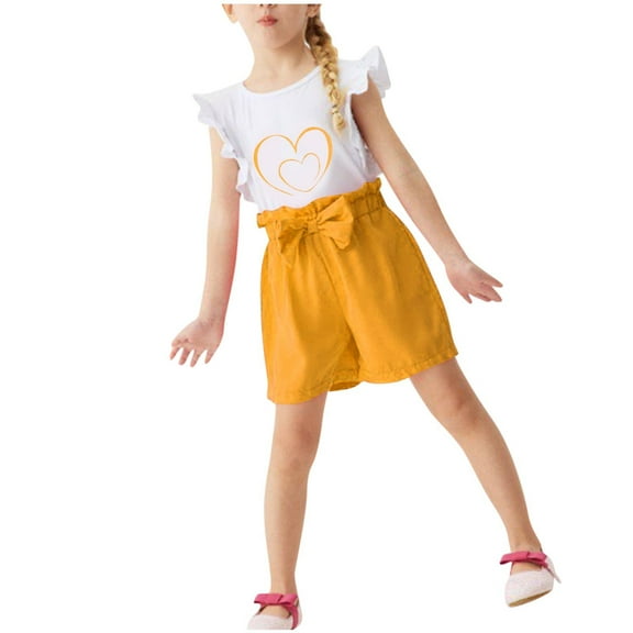 Cethrio Kids Girls Summer Outfit Sets, 2PC Flutter Sleeve Cotton Girls' Clothing Sets Yellow Size 4T
