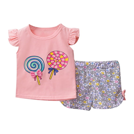Cethrio Kids Girls Summer Outfit Sets, Cotton Flutter Sleeve Printed Girls' Clothing Sets Pink Size 4-5T