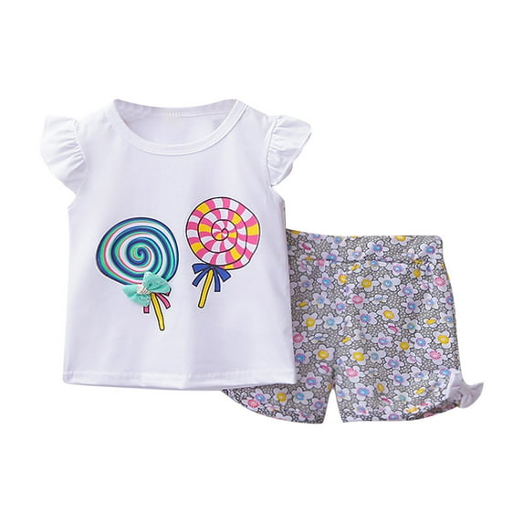 Cethrio Kids Girls Summer Outfit Sets, Printed Cotton Flutter Sleeve Girls' Clothing Sets White Size 2-3T