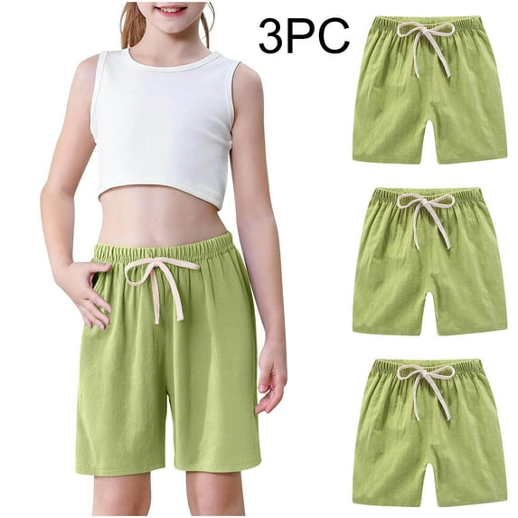 Cethrio Kids Girls Summer Shorts, 3 Piece Gifts Cotton Linen Casual Athletic Shorts Green Size 5-6 T