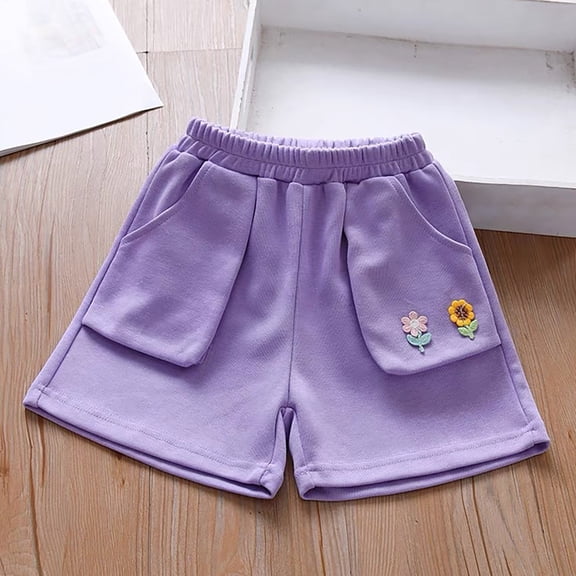 Cethrio Kids Girls Summer Shorts, Elastic Waist Cotton Casual Holiday Shorts with Pockets Purple Size 5-6 T
