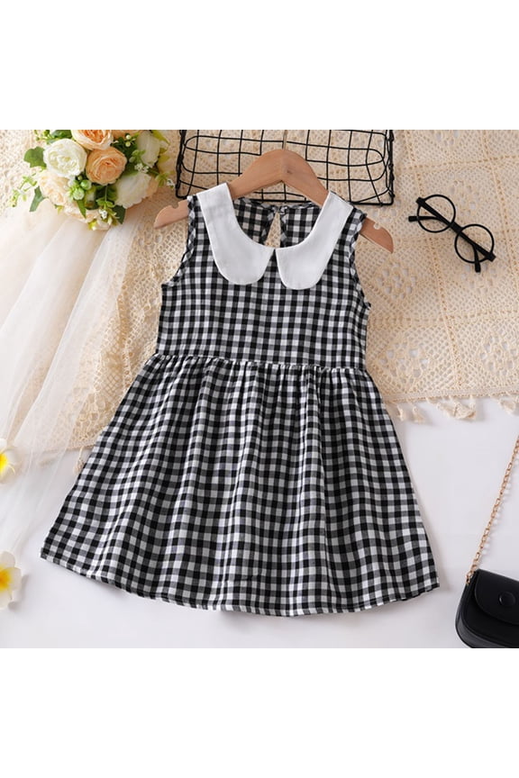 Kids Girls Sundresses, Plaid Sleeveless Cotton Gifts Summer Dresses Black Size 5-6 T
