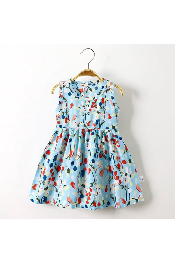 Kids Girls Sundresses, Printed Princess Sleeveless Cotton Summer Dresses Light Blue Size 1-2 T