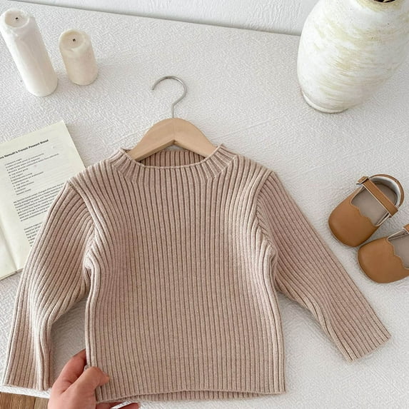 Cethrio Kids Girls Sweaters, Knitted Long Sleeve Crewneck Kids Clothes Beige Size 4-5 T