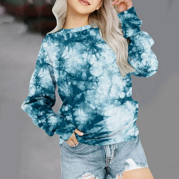Cethrio Kids Girls Sweatshirts, Casual Crew Neck Tie Dye Long Sleeve Pullover Tops Blue Size 5-6 T