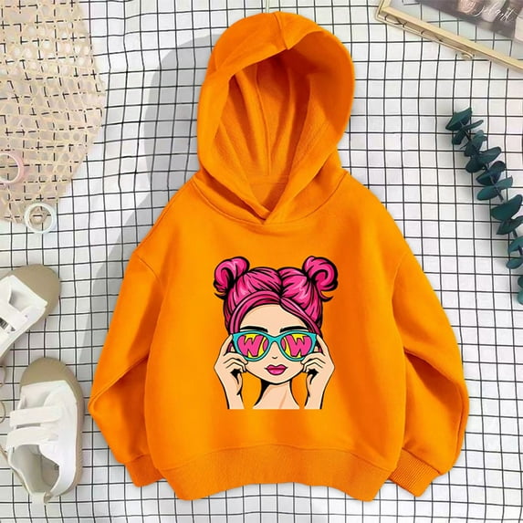 Cethrio Kids Girls Sweatshirts, Hooded Long Sleeve Pullover Spring and Autumn Tops Orange Size 4 T