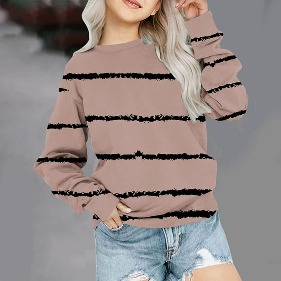 Cethrio Toddler Girls Sweatshirts, Stripe Crew Neck Casual Long Sleeve Pullover Tops Khaki Size 5-6 T