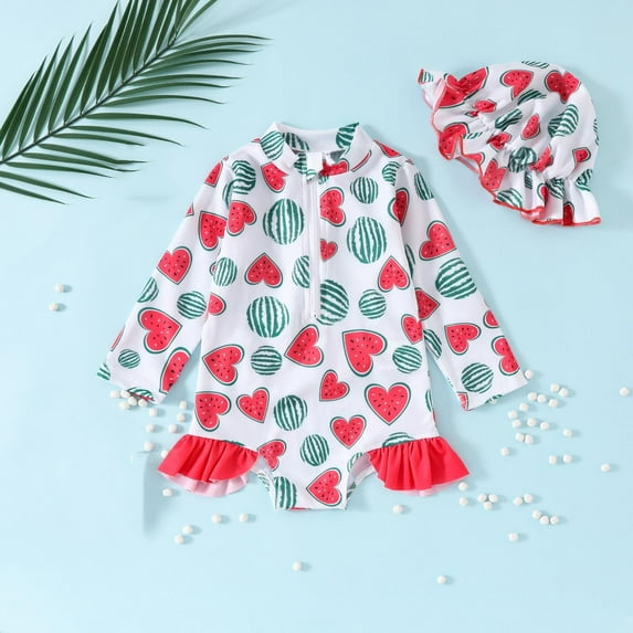 Cethrio Kids Girls Swimsuit Sets, 2 Piece Zipper Long Sleeve Jumpsuits & Hats Set Red Size 2-3 T