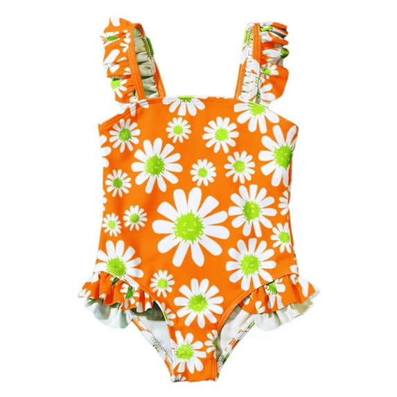 Cethrio Kids Girls Swimsuits, One Piece Swimwear Quick Dry Printed Bathing Suit Orange Size 4 T
