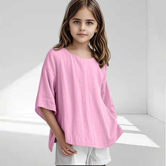 Cethrio Kids Girls T Shirts, Cotton Linen Summer Loose Casual 3/4 Sleeve Tops Pink Size 3-4 T