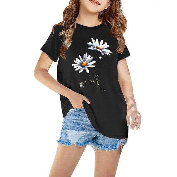 Cethrio Kids Girls T-Shirts, Crew Neck Short Sleeve Floral Print Cotton Summer Tops Black Size 5 T