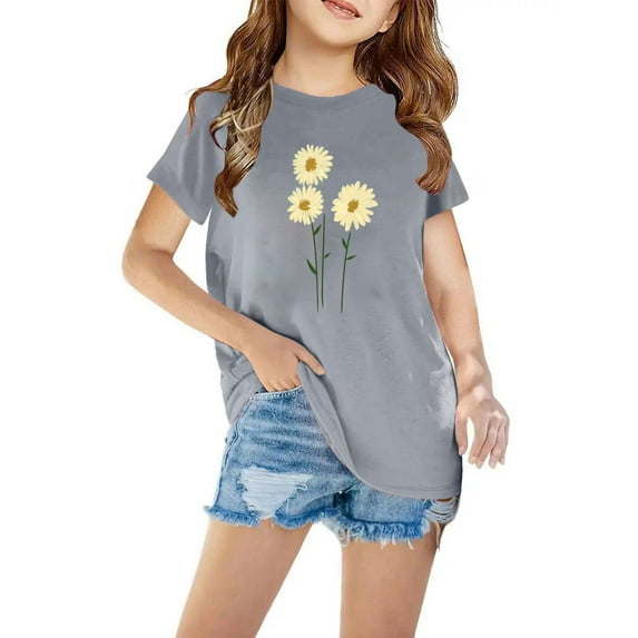 Cethrio Kids Girls T Shirts, Printed Short Sleeve Casual Crewneck Summer Tops Gray Size 5T