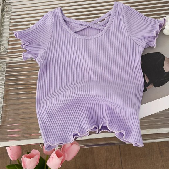 Cethrio Kids Girls T-Shirts, Ribbed Casual Crew Neck Short Sleeve Summer Tops Purple Size 2T