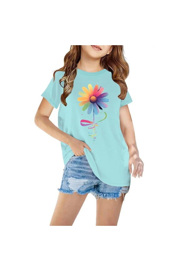 Kids Girls T-Shirts, Short Sleeve Cotton Crew Neck Floral Print Summer Tops Blue Size 5 T