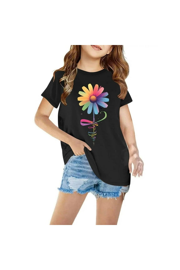 Kids Girls T-Shirts, Short Sleeve Cotton Floral Print Crew Neck Summer Tops Black Size 5 T