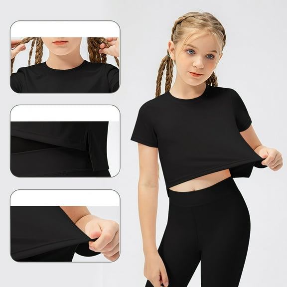 Cethrio Kids Girls T-Shirts, Short Sleeve Dancewear Athletic Quick Dry Summmer Tops Black Size 6-7 T