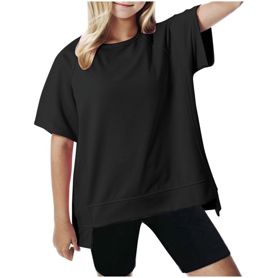 Cethrio Kids Girls T Shirts, Solid Color Casual Short Sleeve Loose Summer Tops Black Size 3-4 T