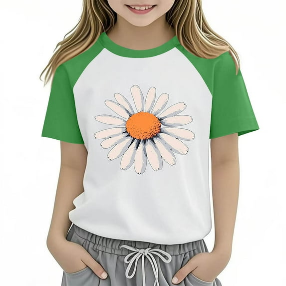 Cethrio Kids Girls T-shirts, Crewneck Casual Summer Short Sleeve Graphic Tees Green Size 6
