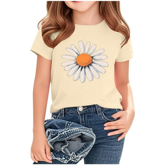 Cethrio Kids Girls T-shirts, Crewneck Printed Short Sleeve Casual Summer Tops Beige Size 6