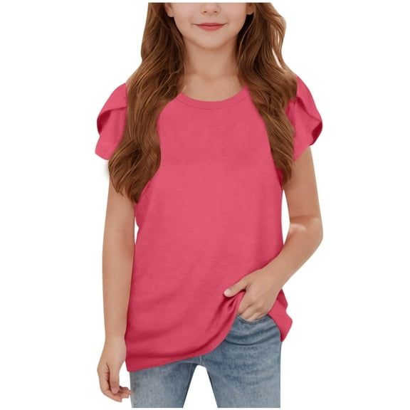 Cethrio Kids Girls T-shirts with Ruffle, Casual Relaxed Fit Summer Crewneck Short Sleeve Tops Watermelon Red Size 5-6T