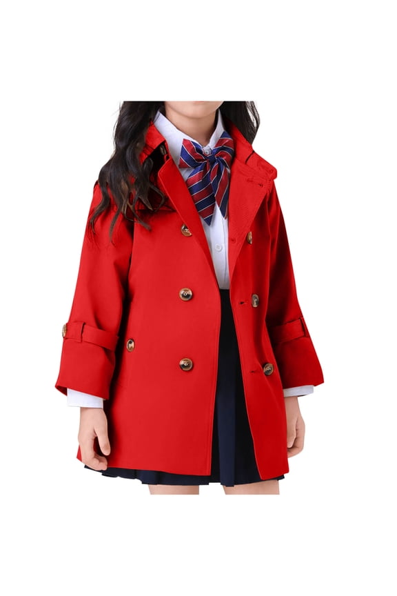 Kids Girls Trench Coats, Long Sleeve Casual Cotton Lapel Collar School Uniform Jackets Red Size 2-3T