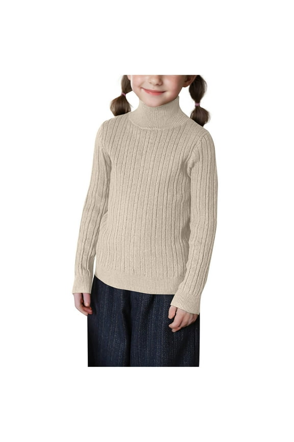 Kids Girls Turtleneck Sweaters, Slim Fit Stretchy Long Sleeve Thermal Knitting Cotton Tops Beige Size 2-3 T