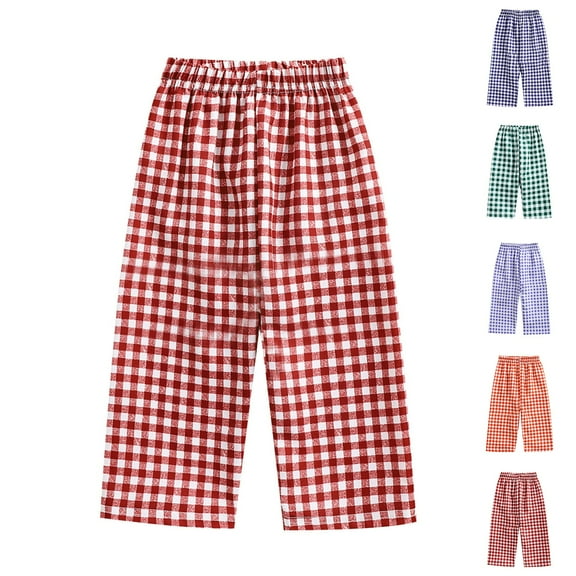 Cethrio Kids Girls Wide Leg Pants, Plaid Athletic Cotton Casual Summer Pants Pink Size 2-3 T
