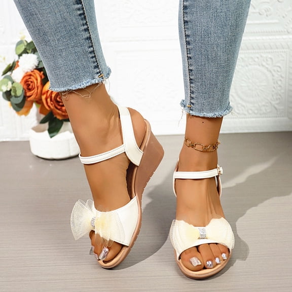 Cethrio Wedge Sandals for Women 2025, Summer Vacation Open Toe Ankle Strap Womens Footwear White Size 7.5