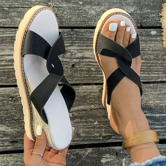 Cethrio Wedge Sandals for Women 2025, Summer Vacation Open Toe Slip On Womens Footwear Black Size 6.5