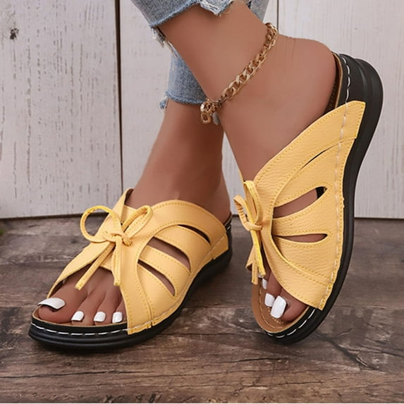 Cethrio Wedge Sandals for Women Casual Summer Espadrilles Wide Lacing Vintage Yellow Sandals Shoes Size 42