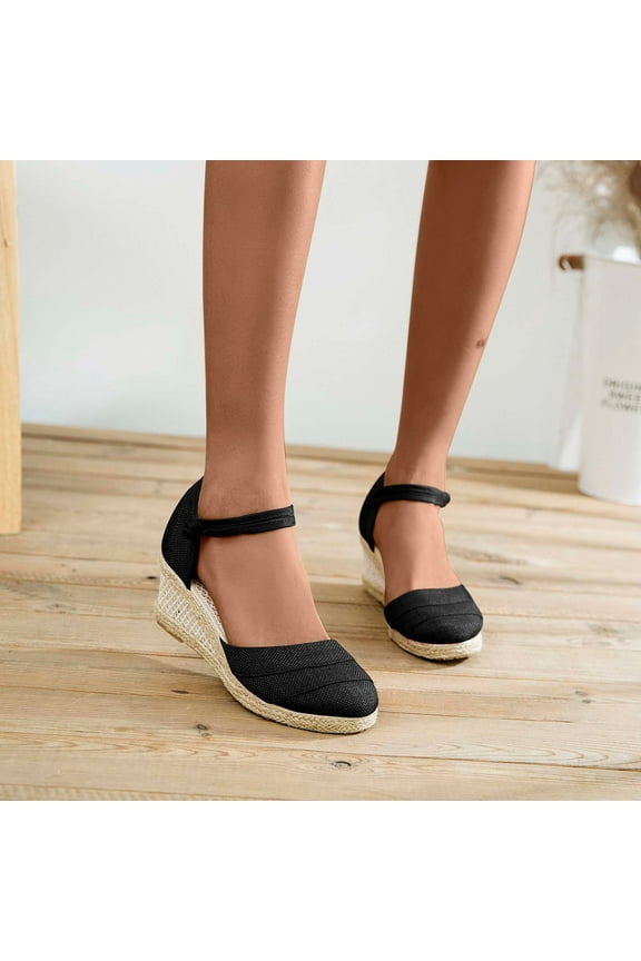 Wedge Sandals for Women Closed Toe Solid Casual Summer Espadrilles Black Sandals Shoes Size 35