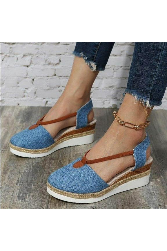 Wedge Sandals for Women Patchwork Bow Closed Toe Espadrilles Casual Summer Blue Sandals Shoes Size 39