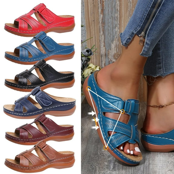 Cethrio Wedge Sandals for Women- 2025 Slides Sandal Wedge Wide Width Dark Blue Dressy Sandals/ Slides Size 7.5