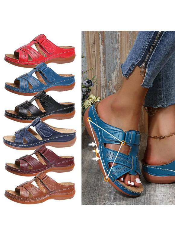 Cethrio Wedge Sandals for Women- on Clearance Slides Sandal Wedge Wide Width Dark Blue Dressy Sandals/ Slides Size 7.5