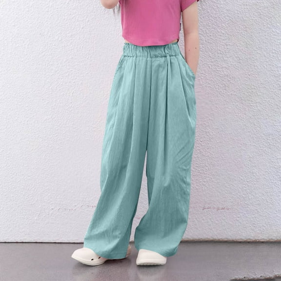 Cethrio Wide Leg Pants for Girls, Loose Thin Casual Elastic Waist Summer Pants Sky Blue Size 7-8 T