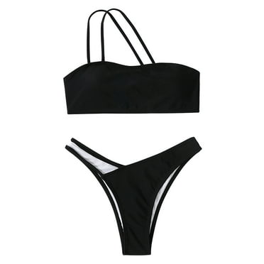 Cethrio Women Swimsuit Two Piece- Solid Sexy Slim One Shoulder Splice Set Swimwear Black