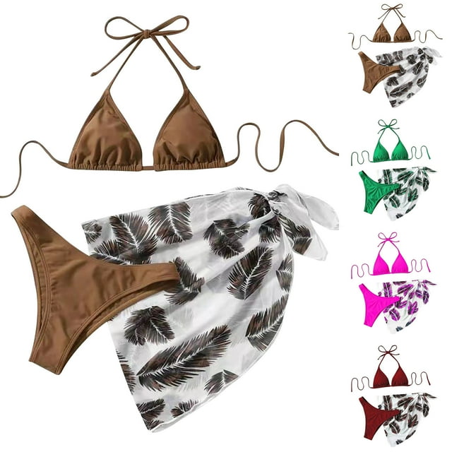 Cethrio Women's 3 Piece Swimsuits Sun Print Halter Triangle Tie Side Bikini Bathing Suit with Cover Up Beach Skirt,Red,Size 6,Trajes de baño