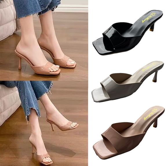 Cethrio Women's City Heel Sandals- Slides Sandal Heel Square Toe Heel 2025 Wide Width Black Dressy Sandals/ Slides Size 6.5