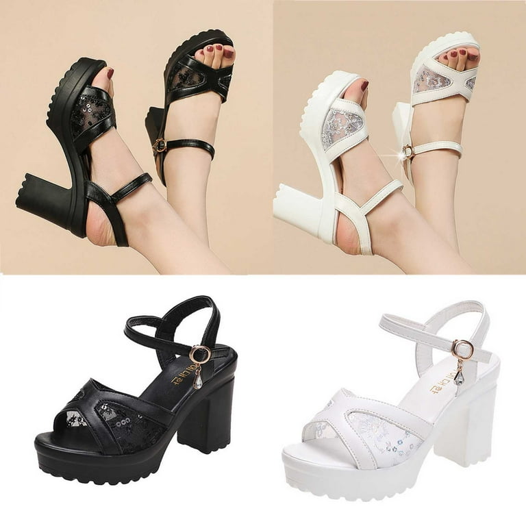 Cethrio Women s Comfort Flatform Sandals on Clearance Wide Width with Pockets Heel Fish Mouth Platform Heel Black Dressy Sandals Slides Size 5.5